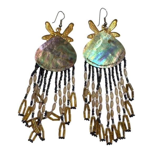 Fairy Abalone & Beaded Dangle Earrings Chandelier Gold Accents 5" Hook Fantasy - Picture 7 of 10